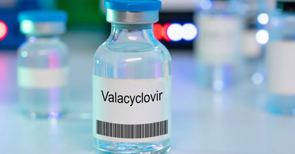 A vial labeled Valacyclovir, symbolizing the interaction between Valtrex (Valacyclovir) and alcohol use.